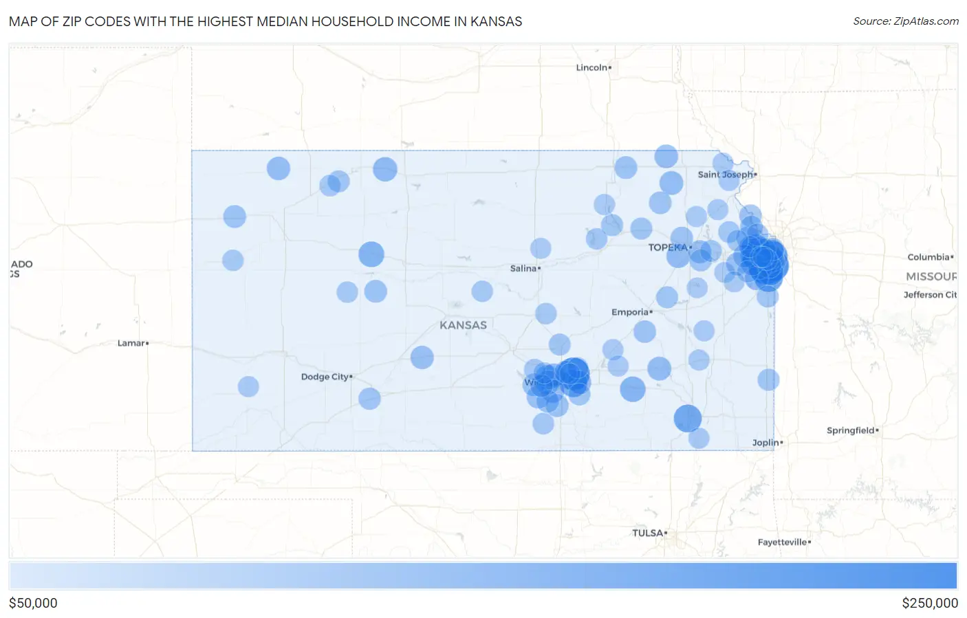 Zip Codes with the Highest Median Household Income in Kansas Map