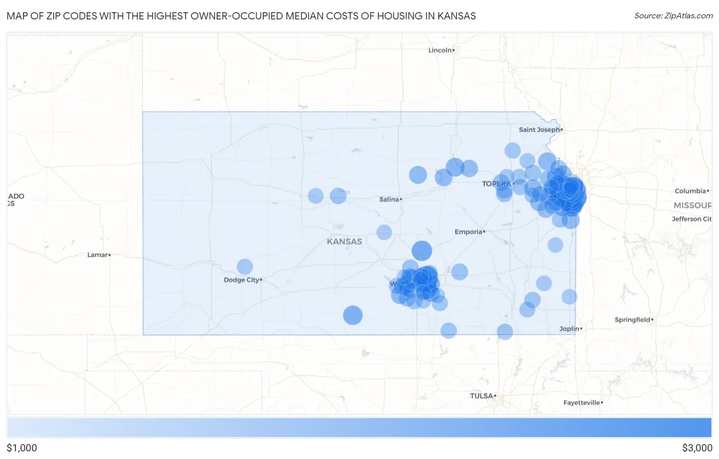 Zip Codes with the Highest Owner-Occupied Median Costs of Housing in Kansas Map
