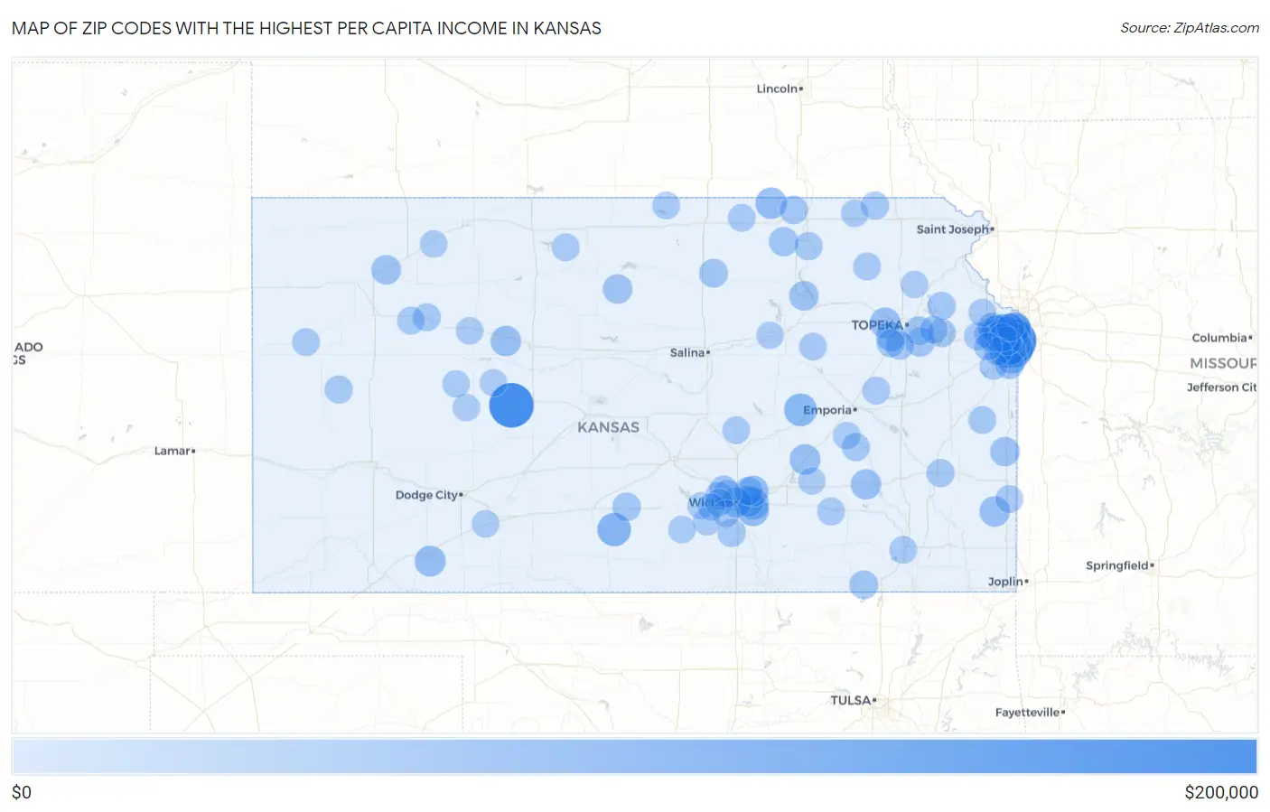 Zip Codes with the Highest Per Capita Income in Kansas Map