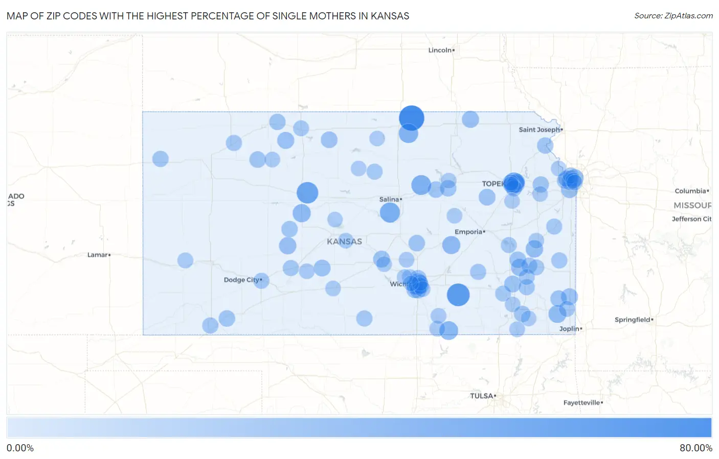 Zip Codes with the Highest Percentage of Single Mothers in Kansas Map