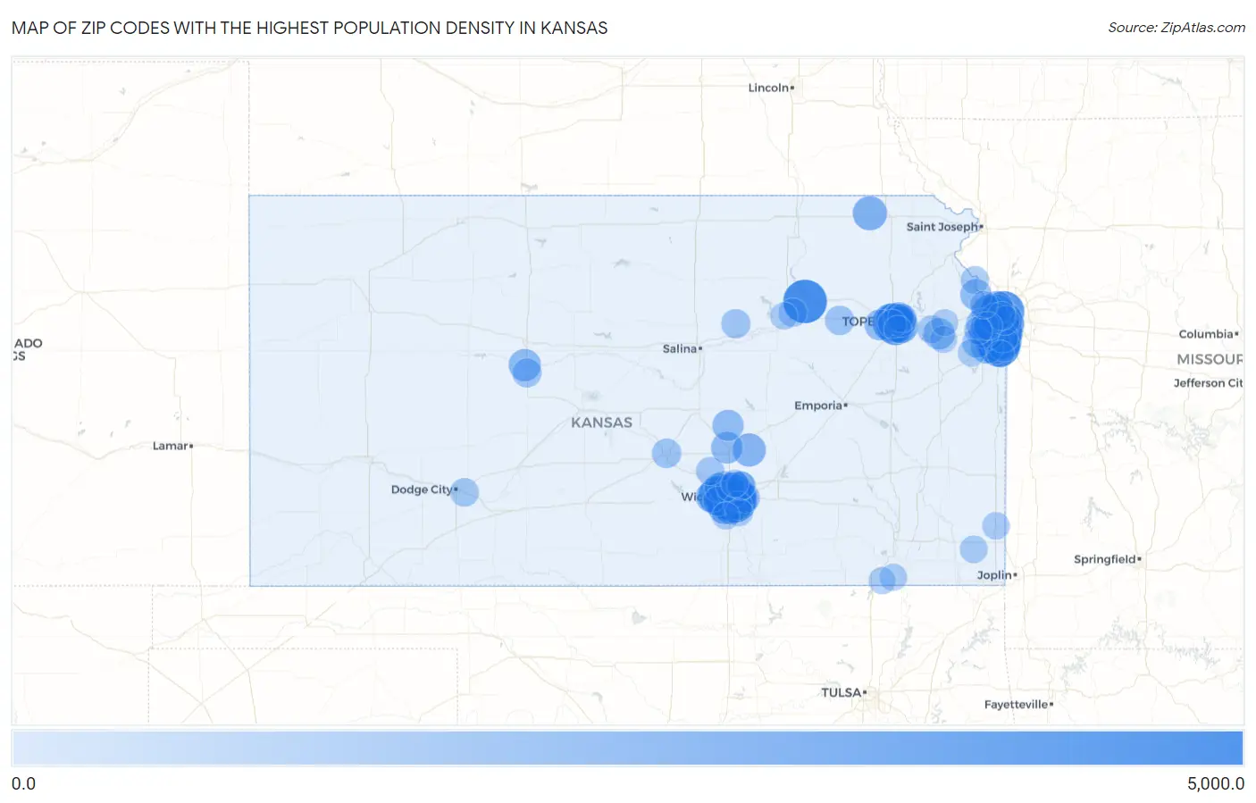 Zip Codes with the Highest Population Density in Kansas Map