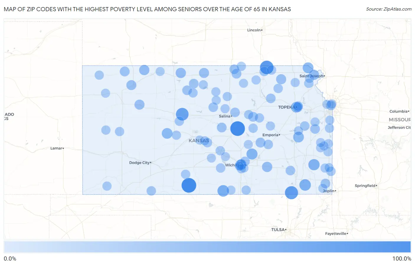 Zip Codes with the Highest Poverty Level Among Seniors Over the Age of 65 in Kansas Map