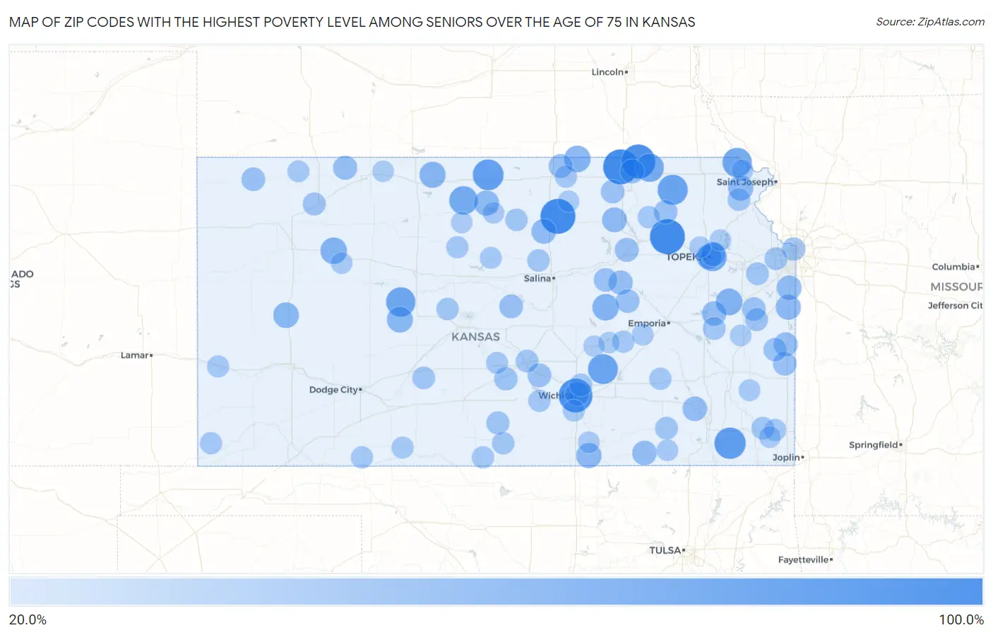 Zip Codes with the Highest Poverty Level Among Seniors Over the Age of 75 in Kansas Map