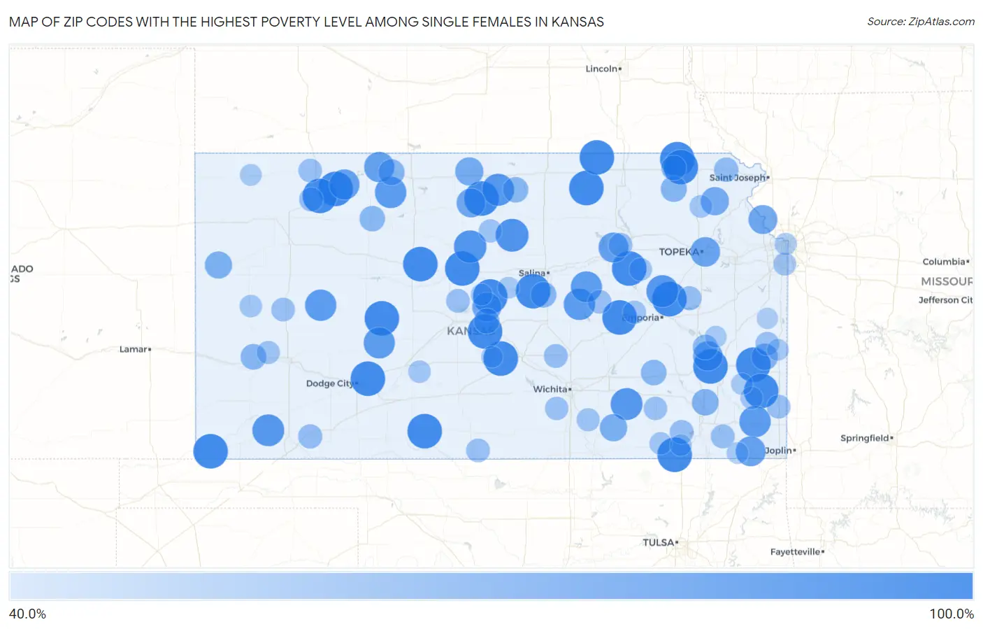 Zip Codes with the Highest Poverty Level Among Single Females in Kansas Map