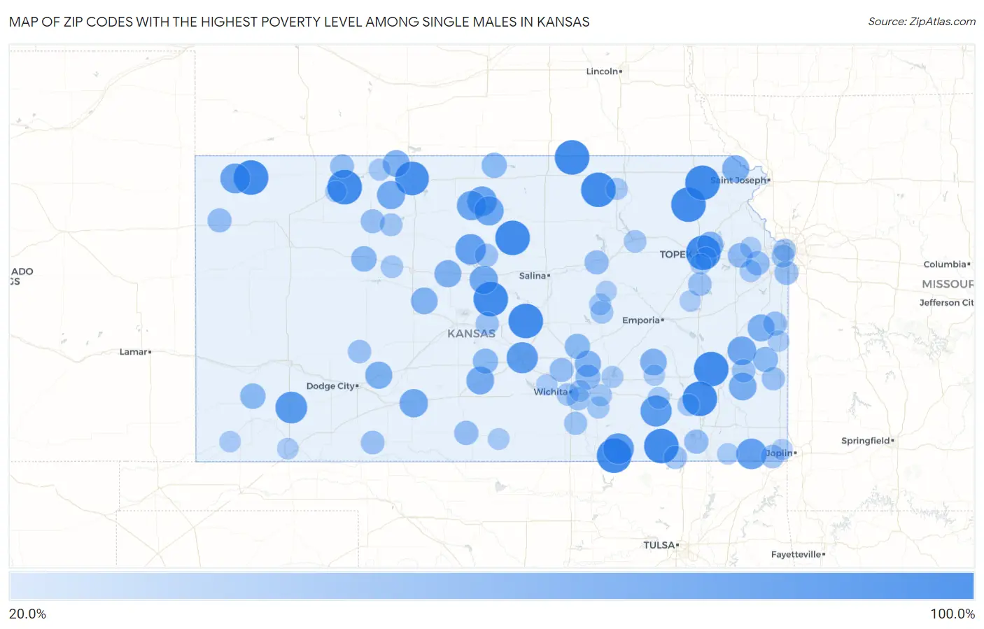 Zip Codes with the Highest Poverty Level Among Single Males in Kansas Map