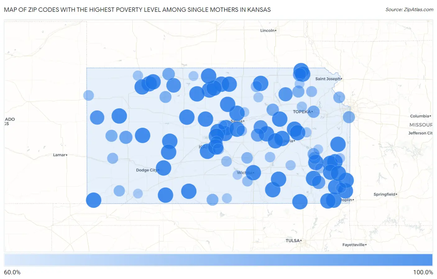 Zip Codes with the Highest Poverty Level Among Single Mothers in Kansas Map