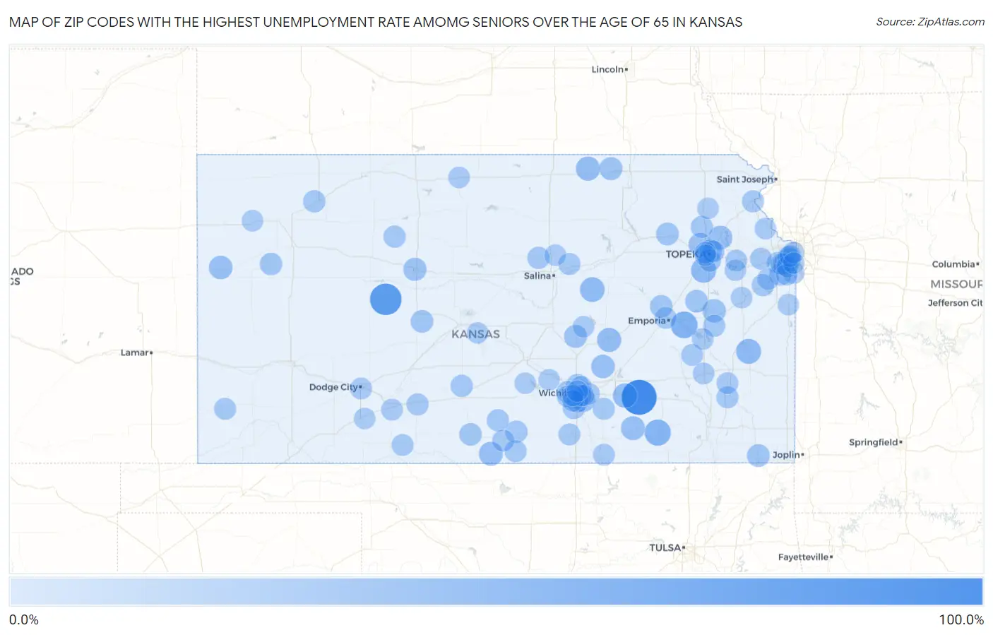 Zip Codes with the Highest Unemployment Rate Amomg Seniors Over the Age of 65 in Kansas Map