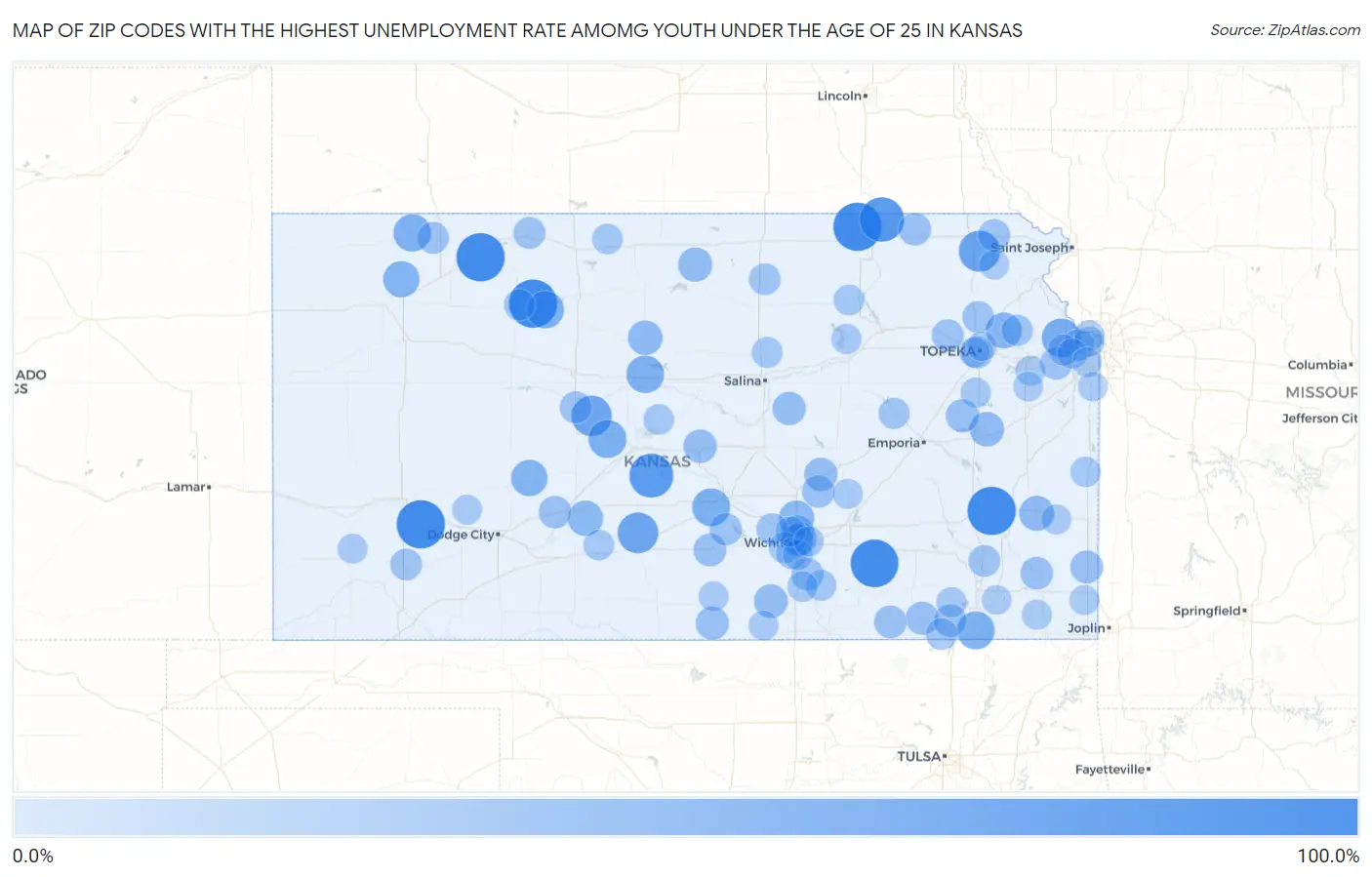 Zip Codes with the Highest Unemployment Rate Amomg Youth Under the Age of 25 in Kansas Map