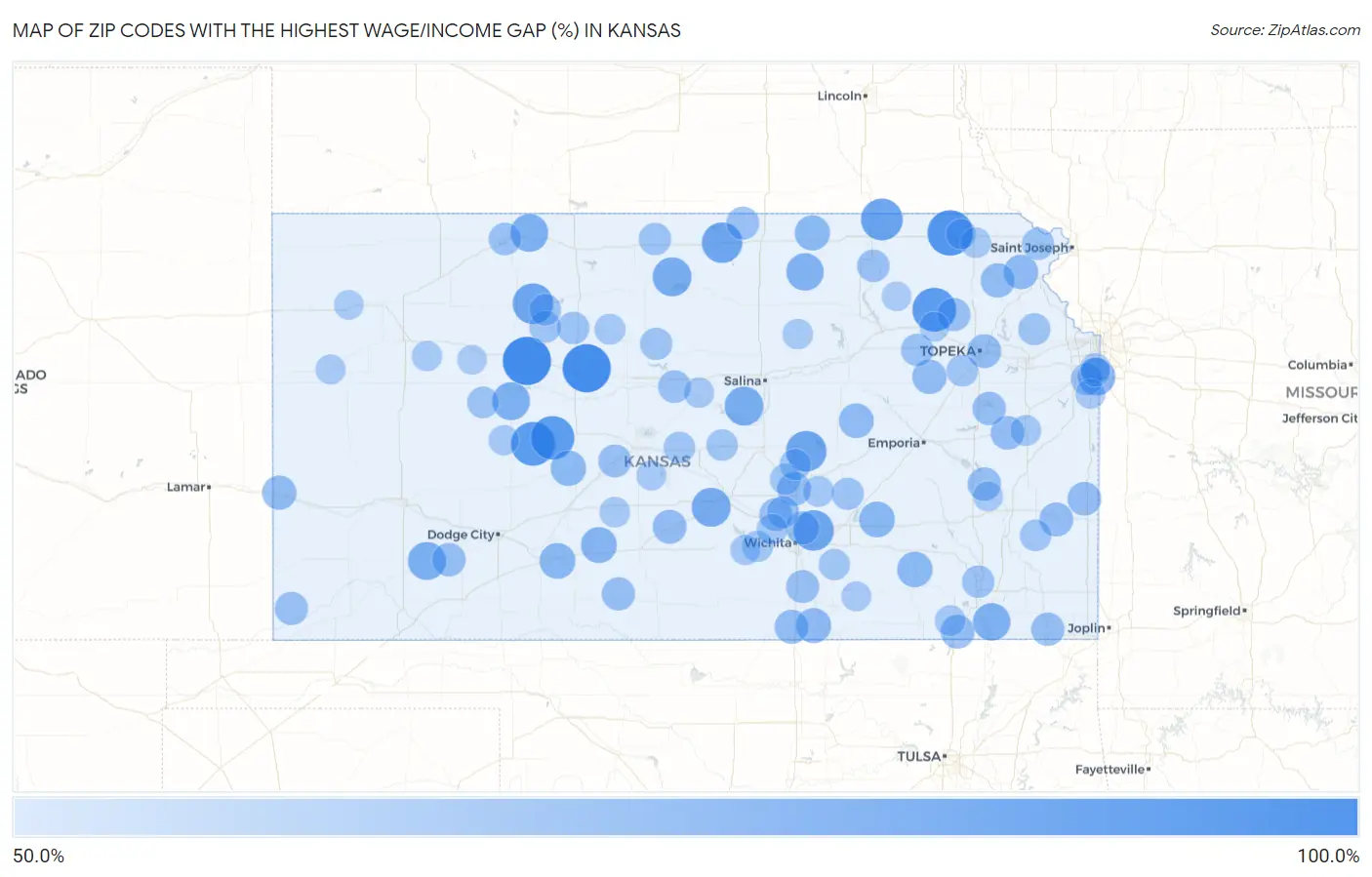 Zip Codes with the Highest Wage/Income Gap (%) in Kansas Map
