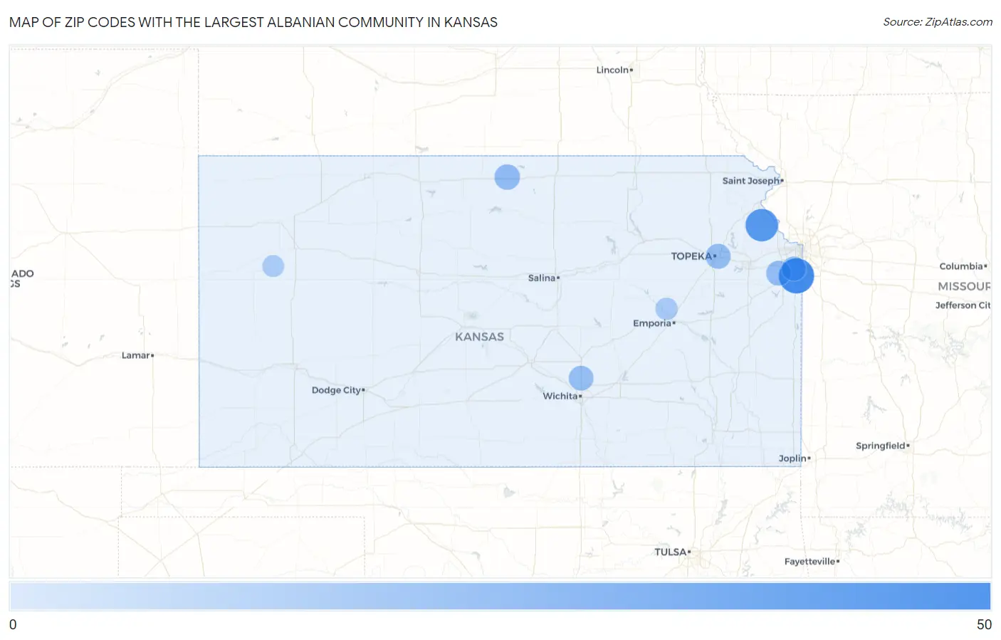 Zip Codes with the Largest Albanian Community in Kansas Map
