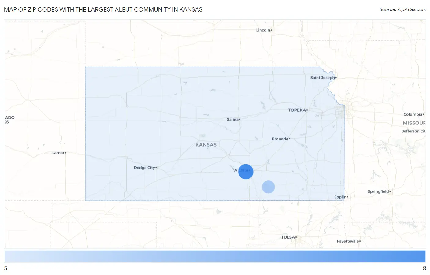 Zip Codes with the Largest Aleut Community in Kansas Map