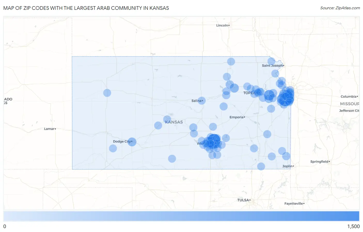 Zip Codes with the Largest Arab Community in Kansas Map