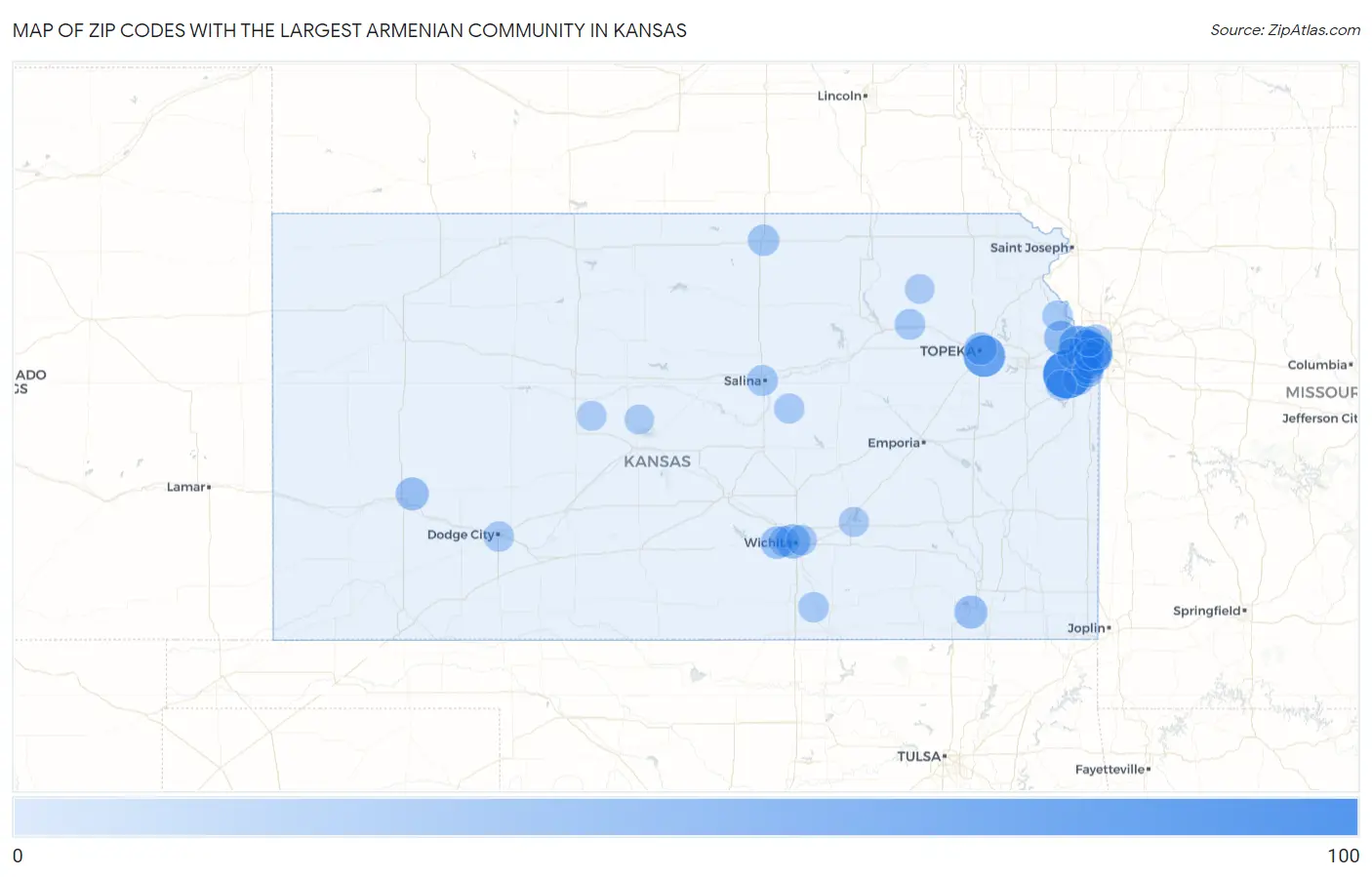Zip Codes with the Largest Armenian Community in Kansas Map