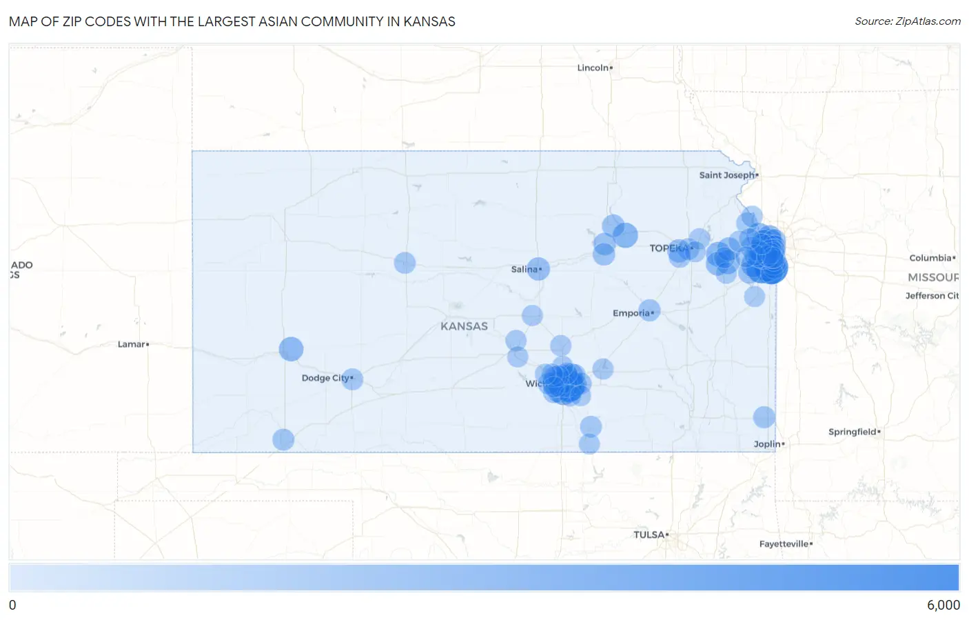 Zip Codes with the Largest Asian Community in Kansas Map
