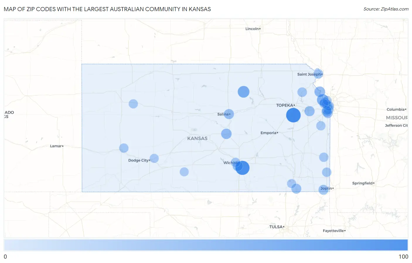 Zip Codes with the Largest Australian Community in Kansas Map