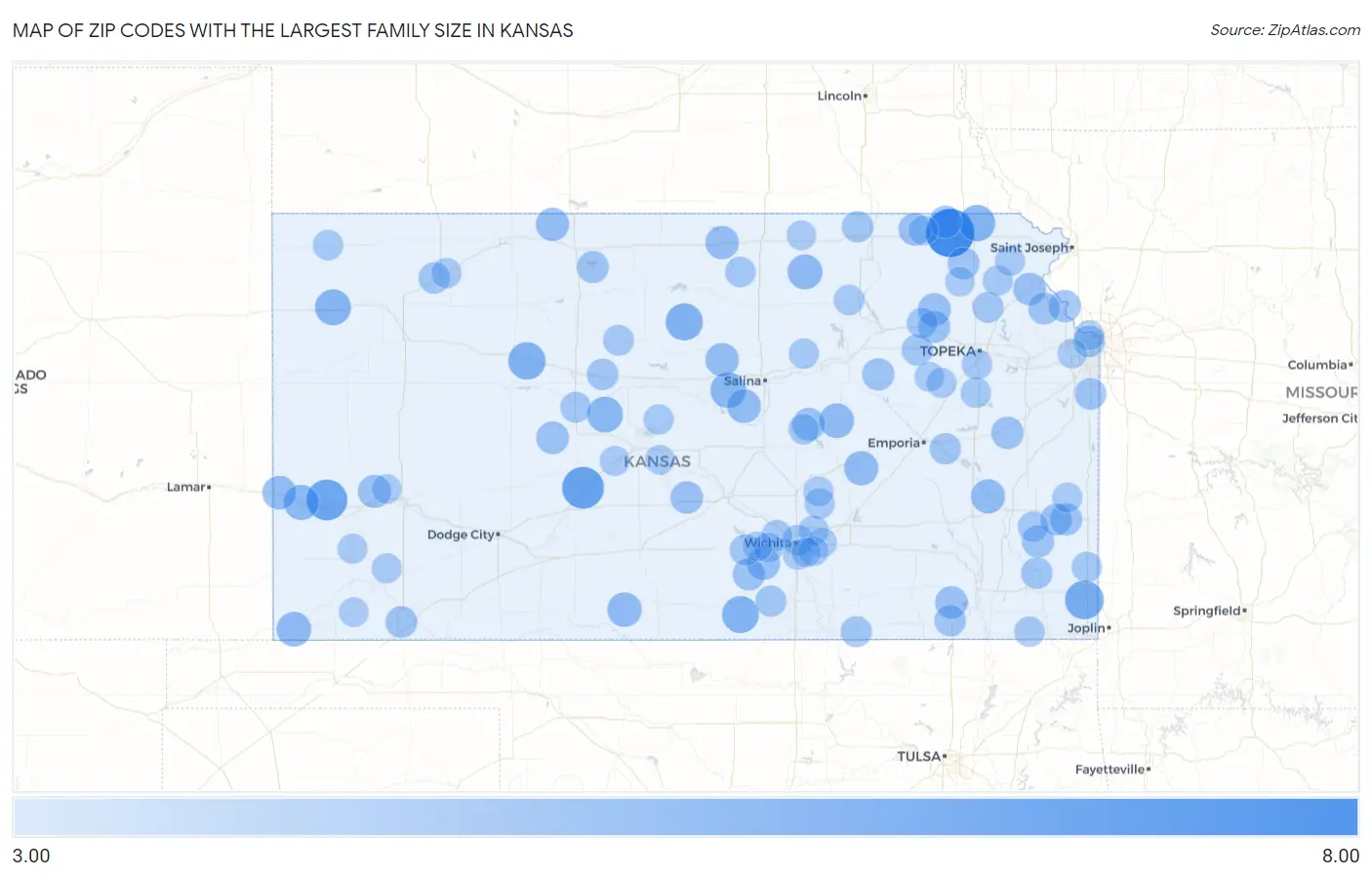 Zip Codes with the Largest Family Size in Kansas Map