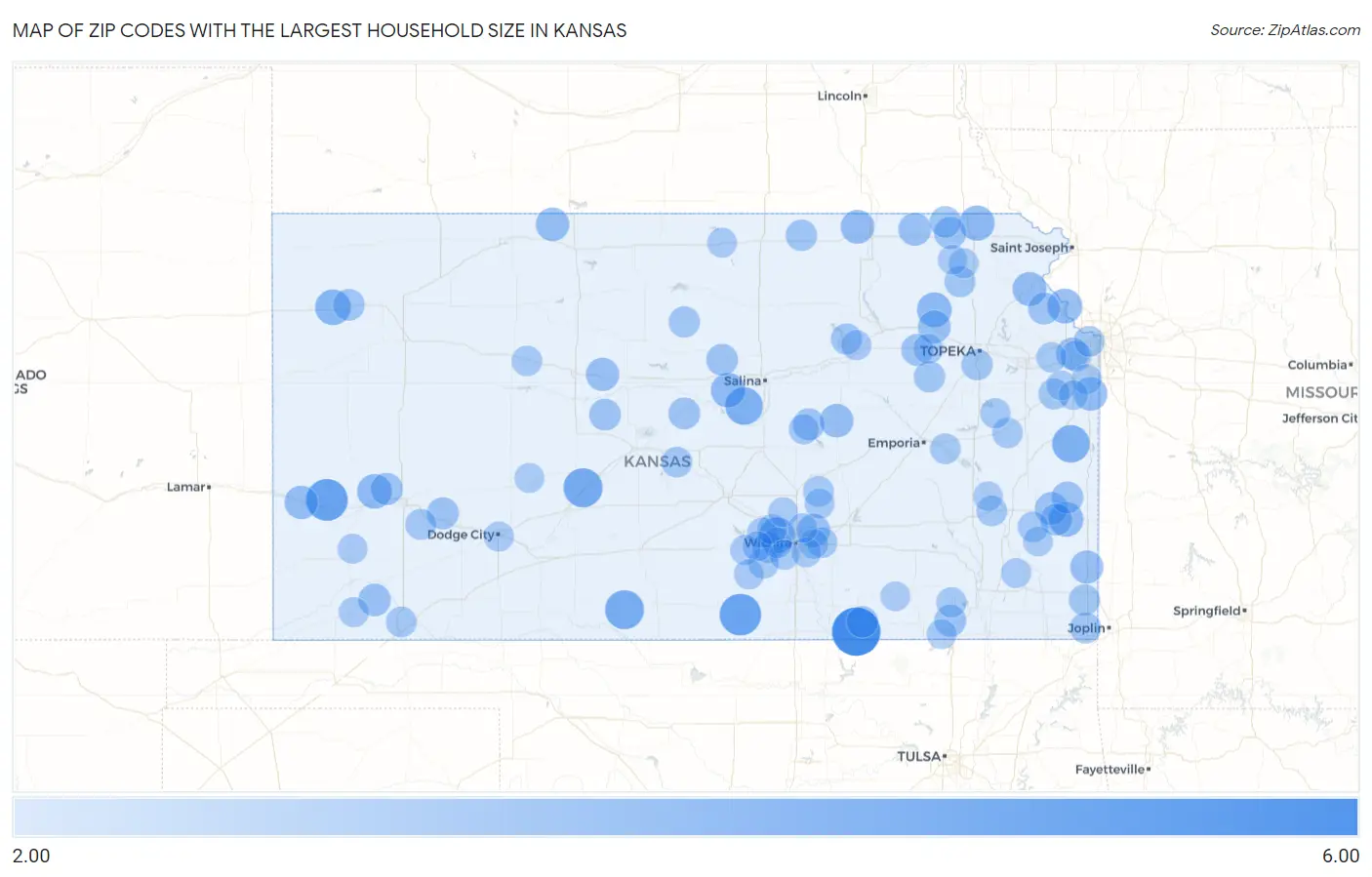Zip Codes with the Largest Household Size in Kansas Map