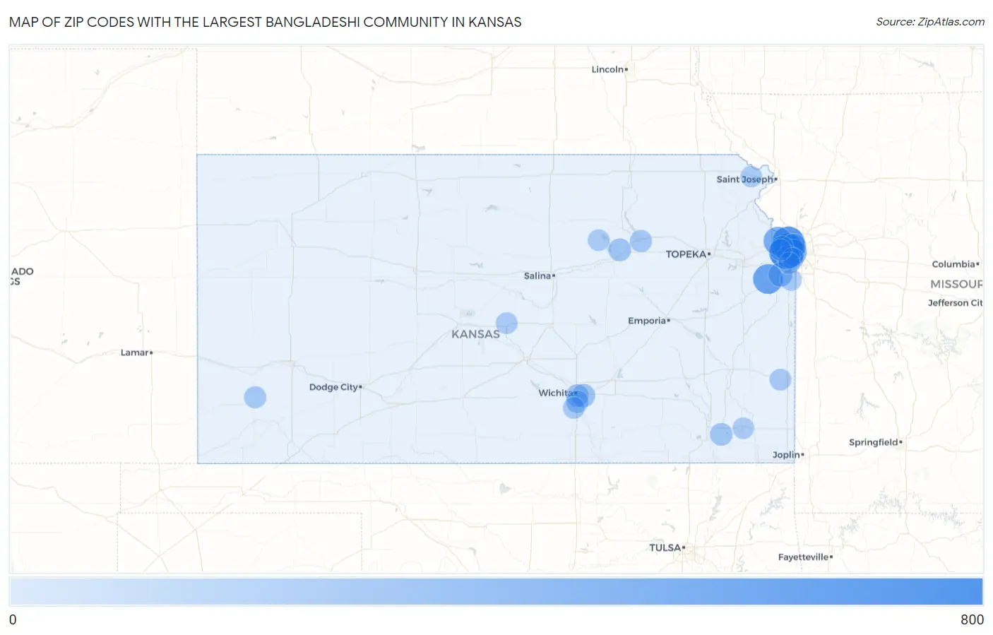 Zip Codes with the Largest Bangladeshi Community in Kansas Map