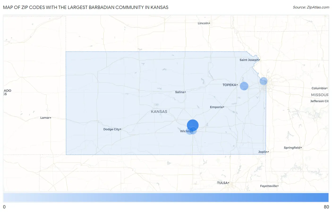 Zip Codes with the Largest Barbadian Community in Kansas Map