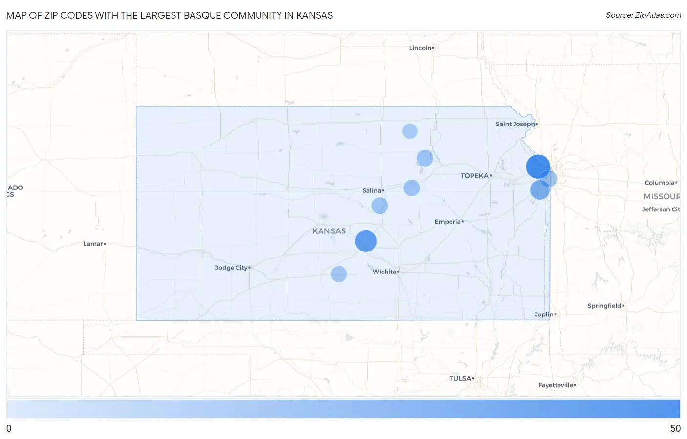 Zip Codes with the Largest Basque Community in Kansas Map