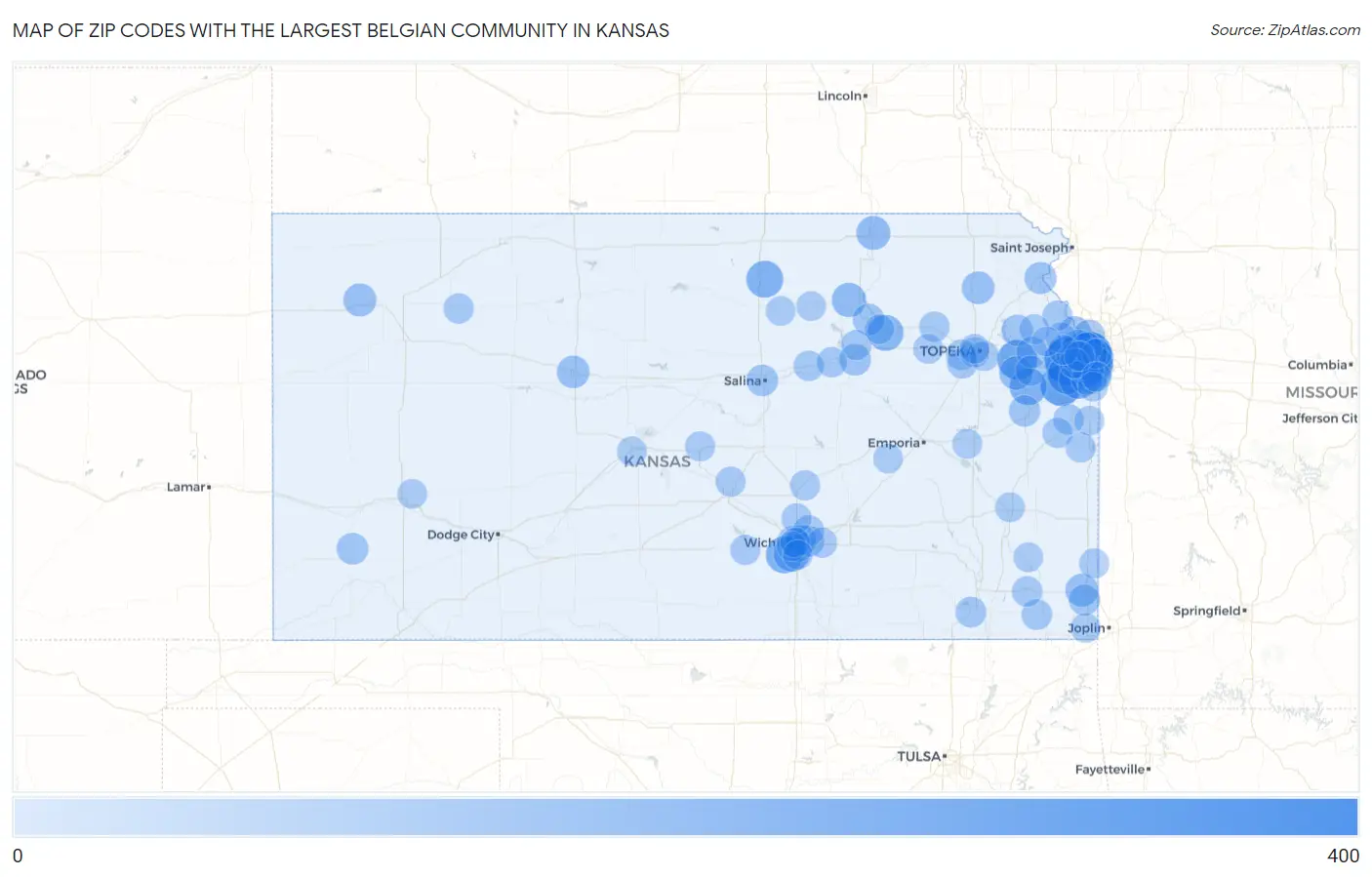 Zip Codes with the Largest Belgian Community in Kansas Map
