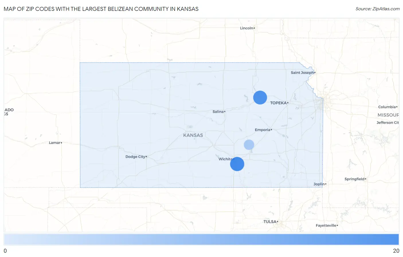 Zip Codes with the Largest Belizean Community in Kansas Map