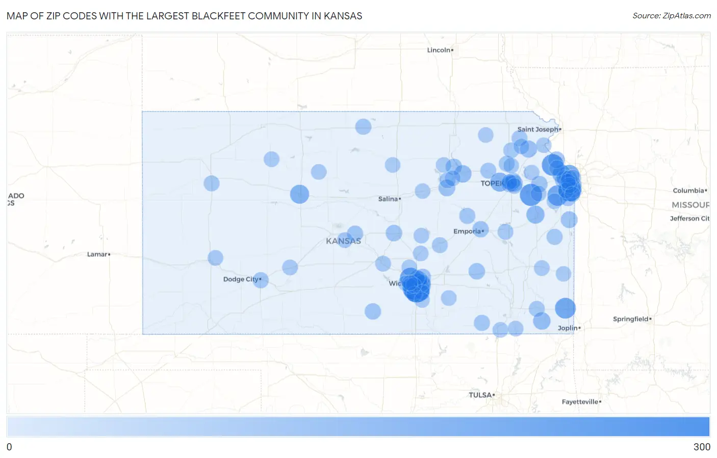 Zip Codes with the Largest Blackfeet Community in Kansas Map
