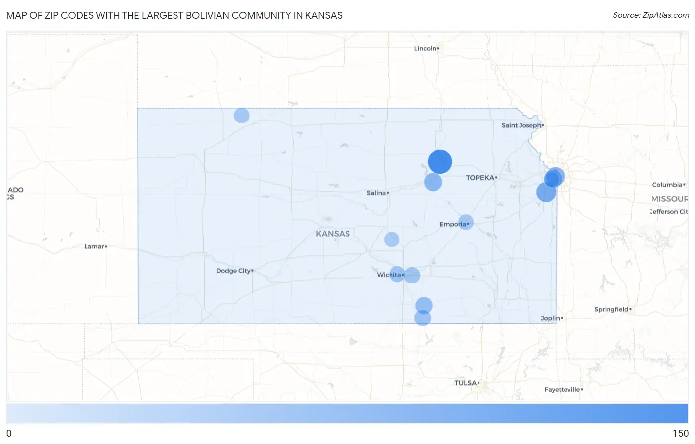 Zip Codes with the Largest Bolivian Community in Kansas Map