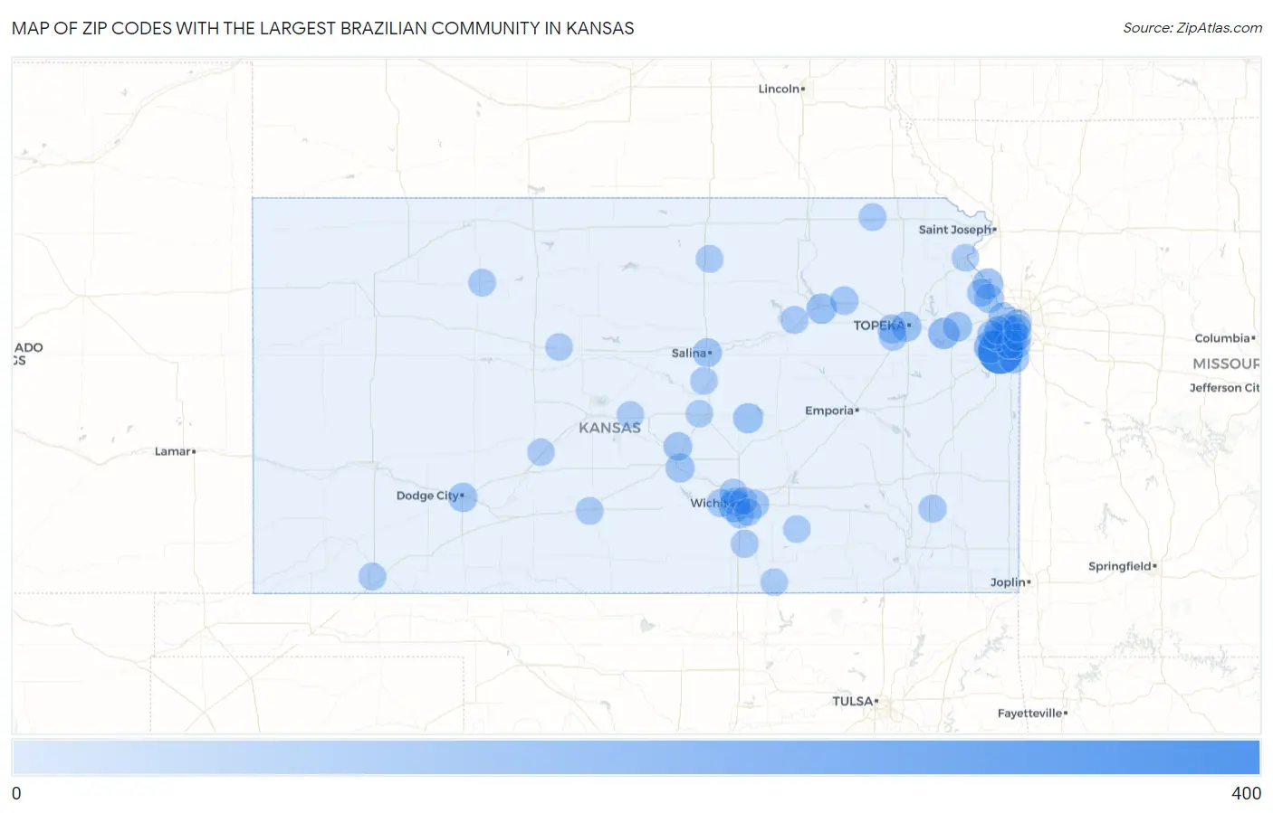 Zip Codes with the Largest Brazilian Community in Kansas Map