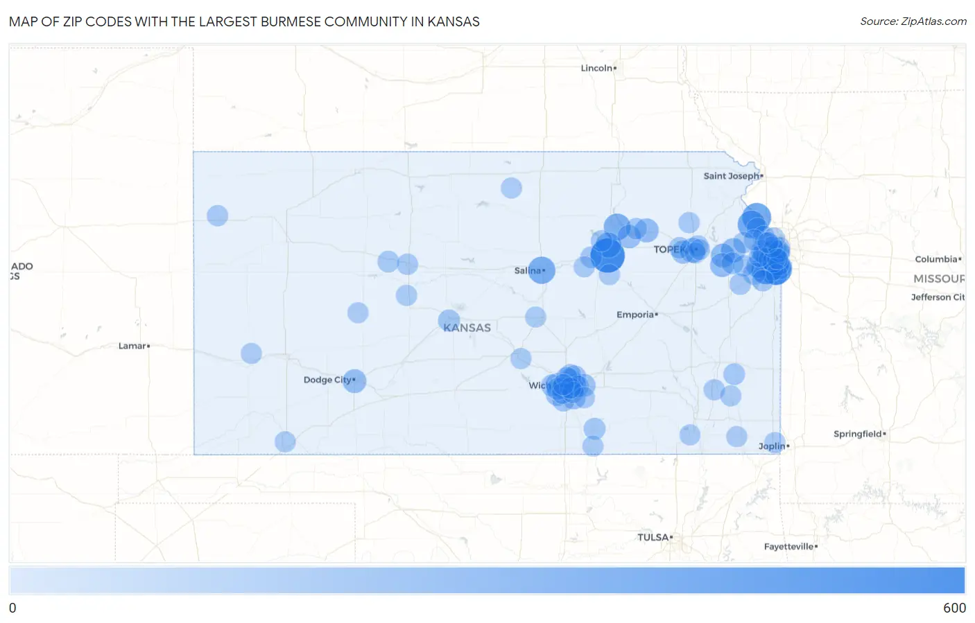 Zip Codes with the Largest Burmese Community in Kansas Map