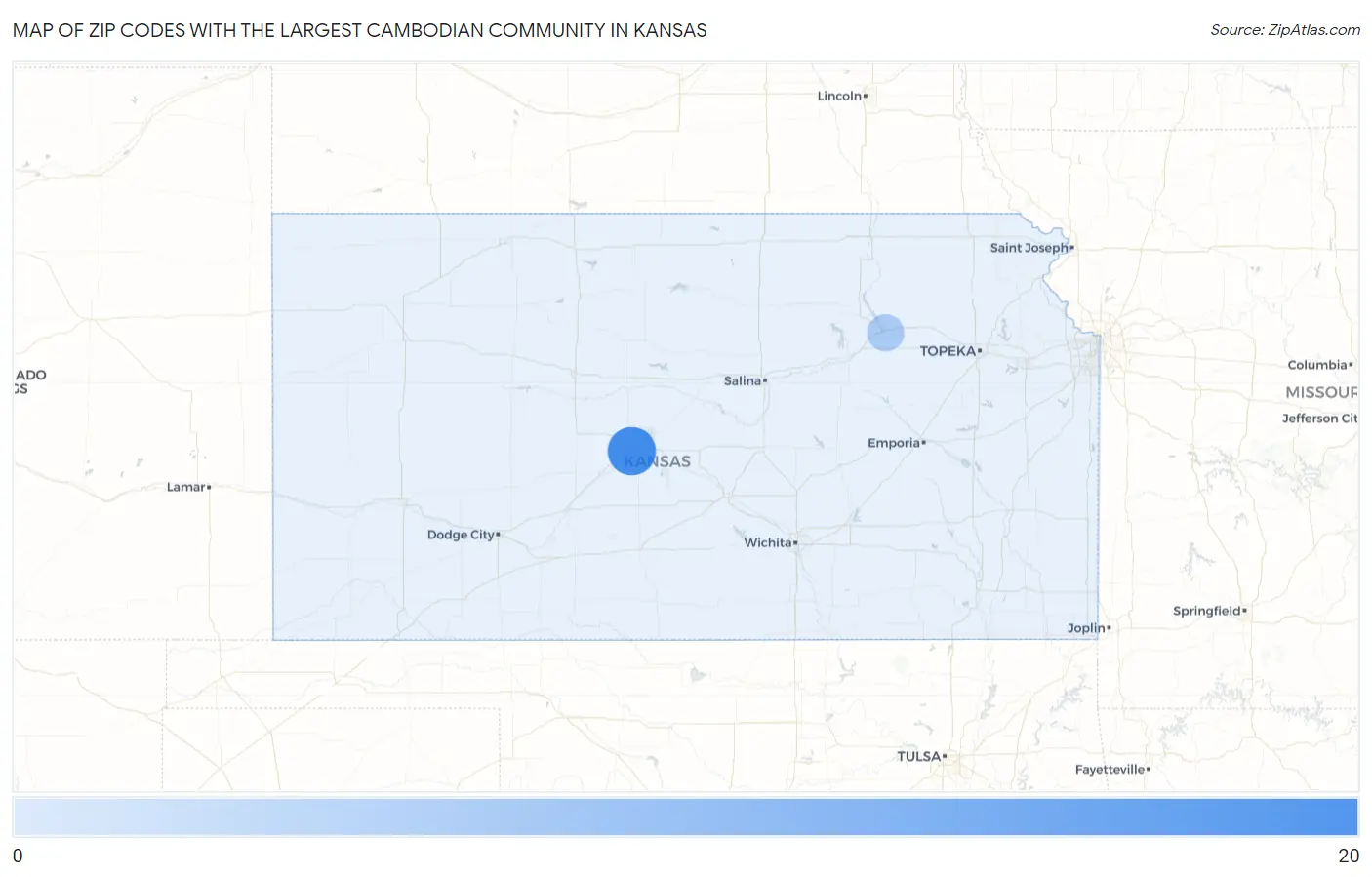 Zip Codes with the Largest Cambodian Community in Kansas Map