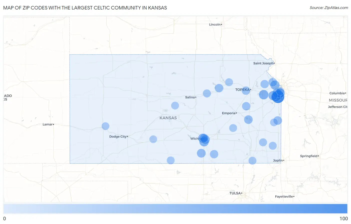 Zip Codes with the Largest Celtic Community in Kansas Map