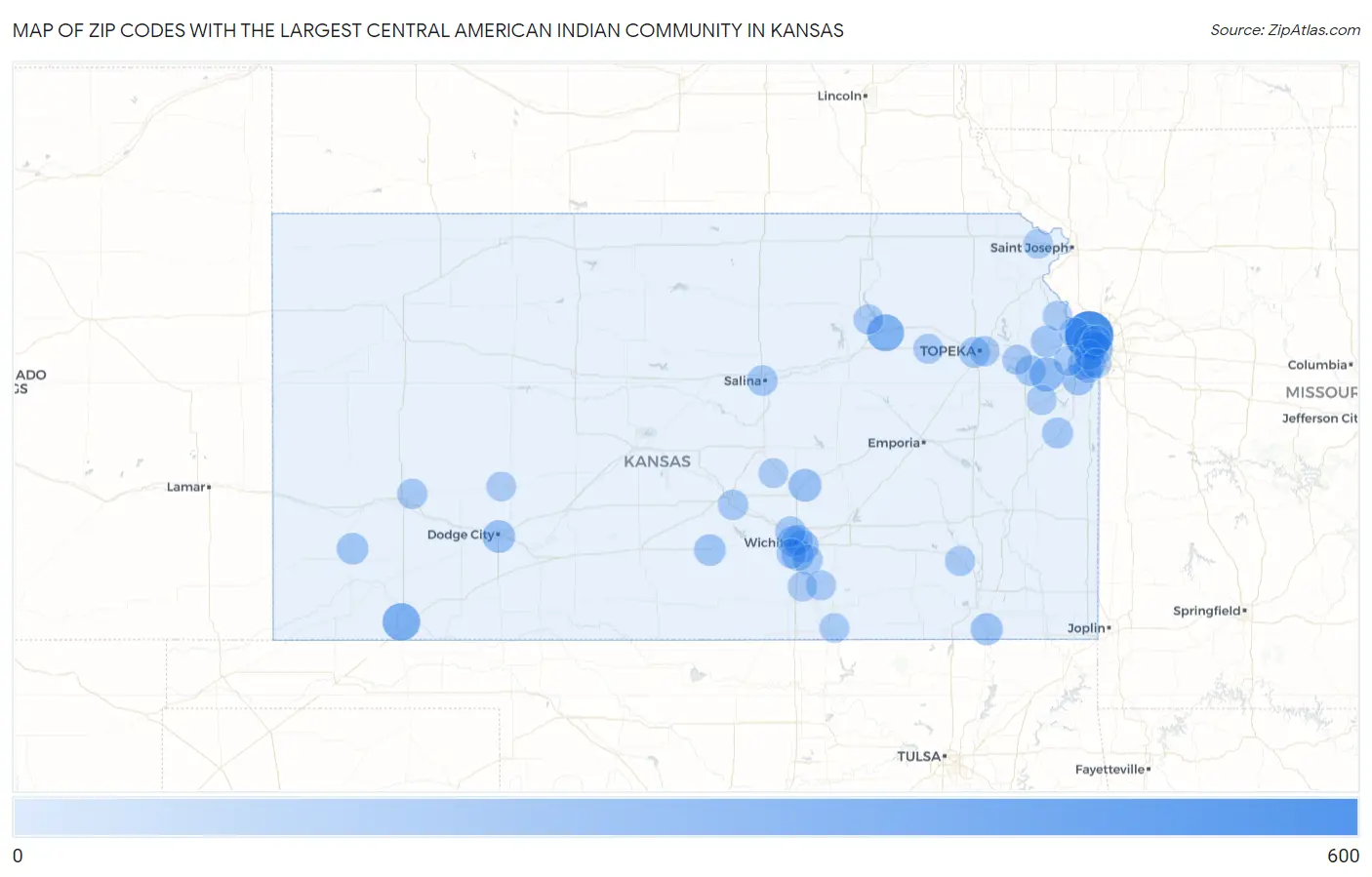Zip Codes with the Largest Central American Indian Community in Kansas Map