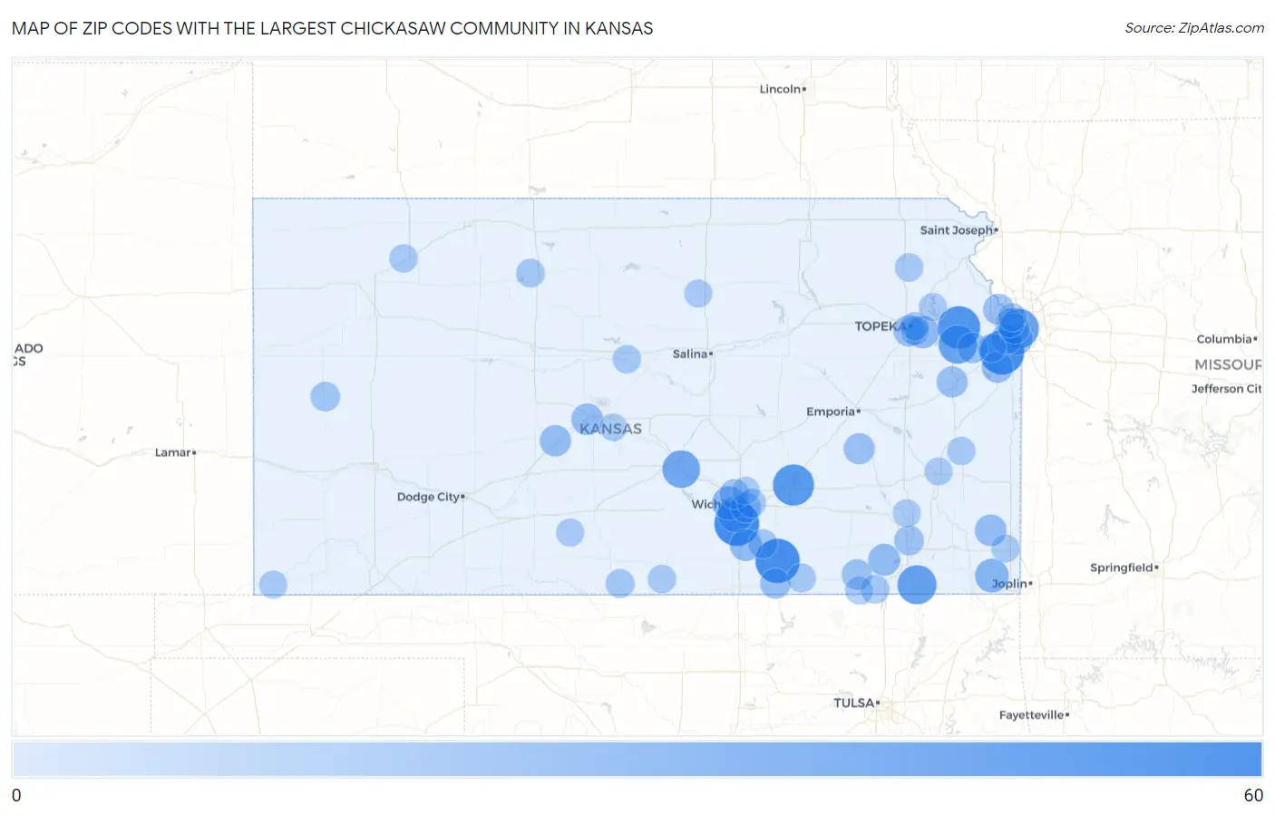 Zip Codes with the Largest Chickasaw Community in Kansas Map