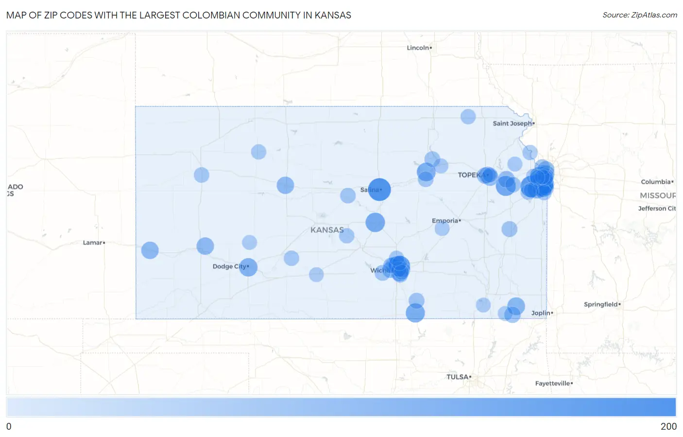 Zip Codes with the Largest Colombian Community in Kansas Map
