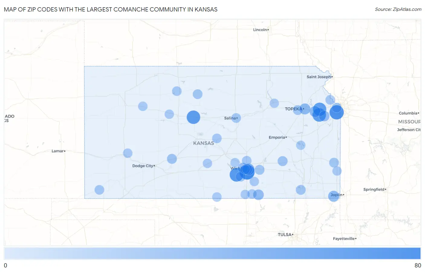 Zip Codes with the Largest Comanche Community in Kansas Map