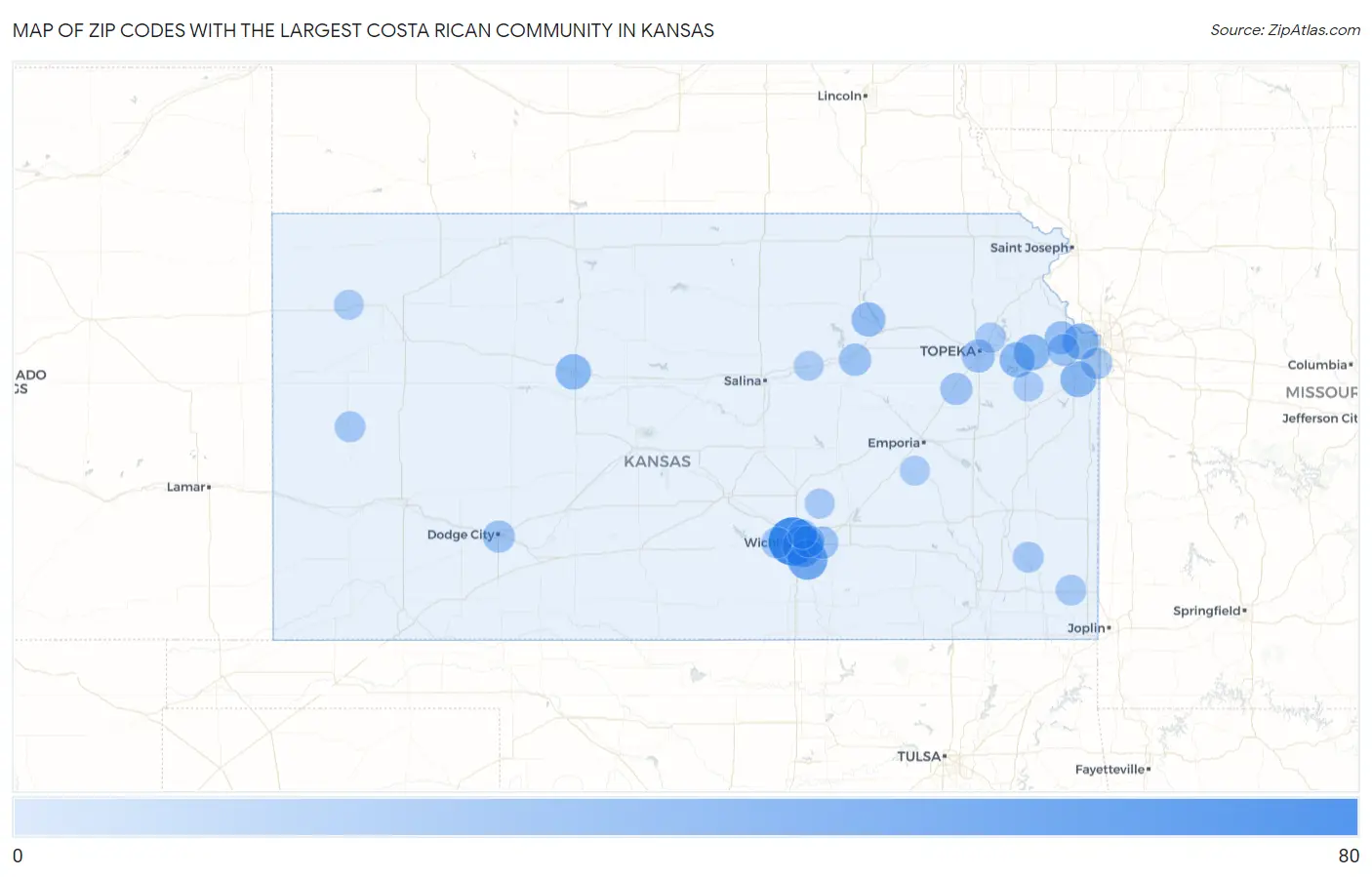 Zip Codes with the Largest Costa Rican Community in Kansas Map