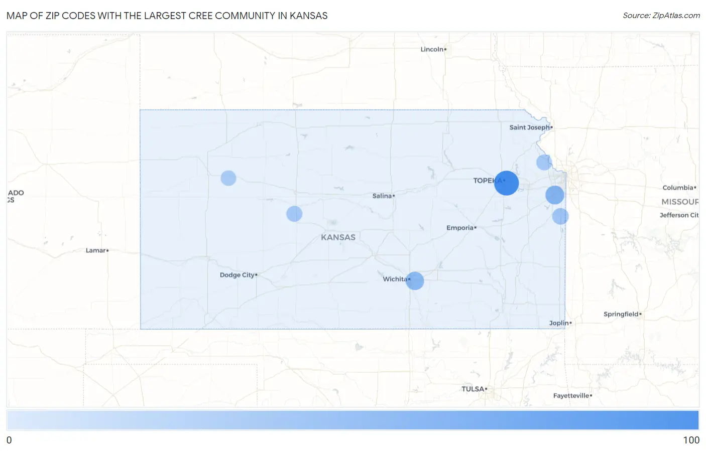 Zip Codes with the Largest Cree Community in Kansas Map
