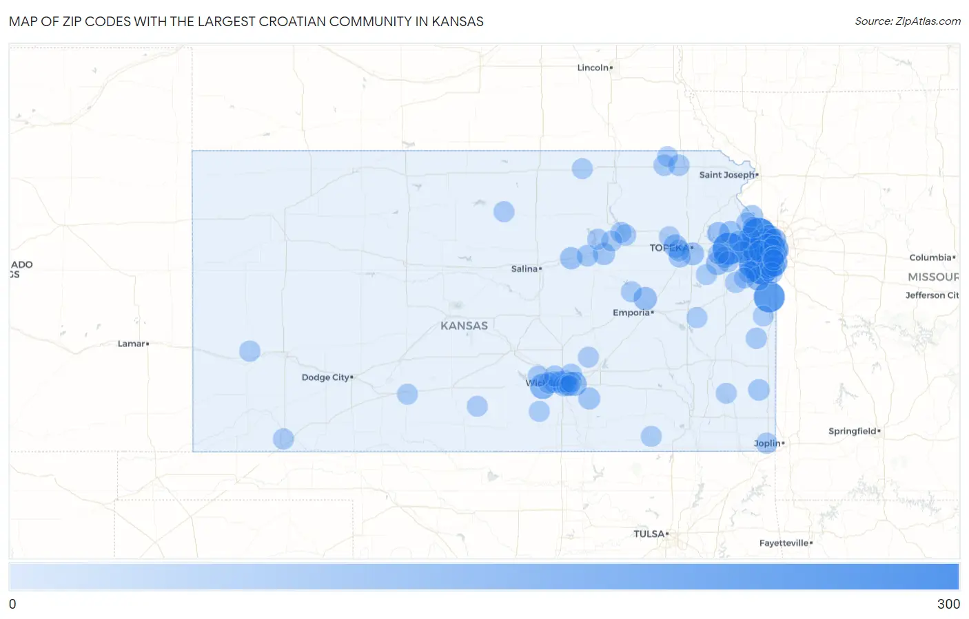 Zip Codes with the Largest Croatian Community in Kansas Map