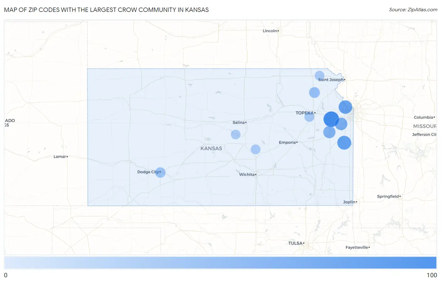 Zip Codes with the Largest Crow Community in Kansas Map