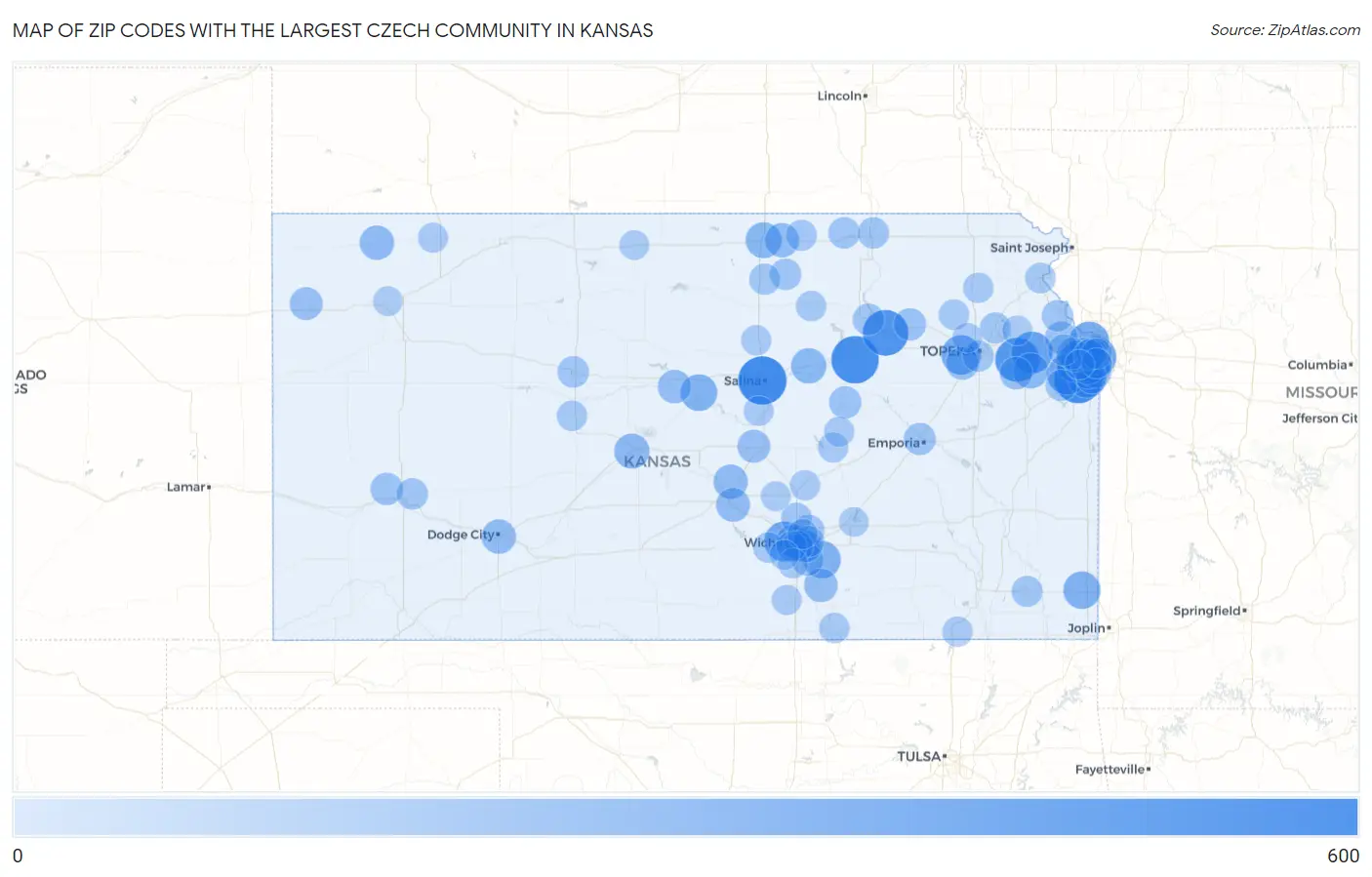 Zip Codes with the Largest Czech Community in Kansas Map