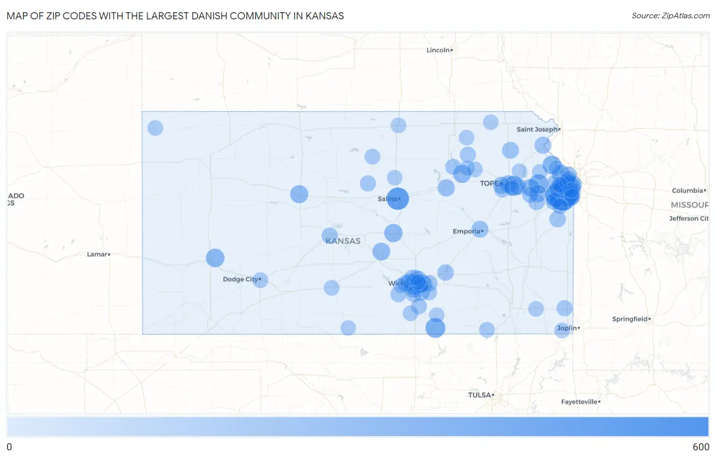 Zip Codes with the Largest Danish Community in Kansas Map
