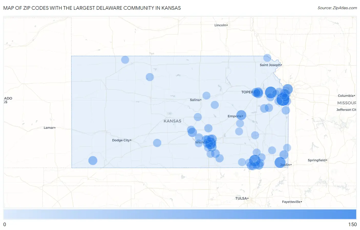 Zip Codes with the Largest Delaware Community in Kansas Map