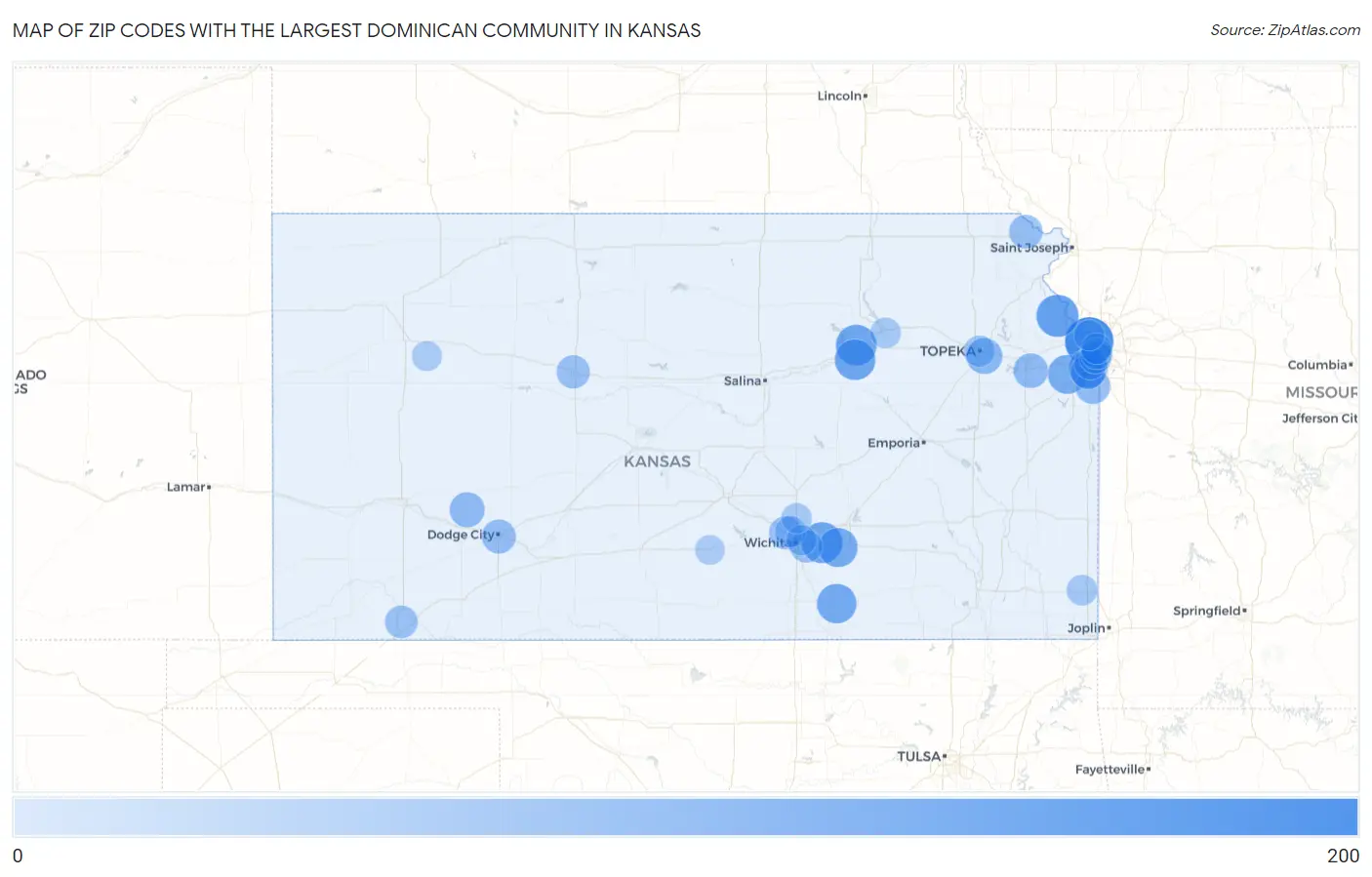 Zip Codes with the Largest Dominican Community in Kansas Map