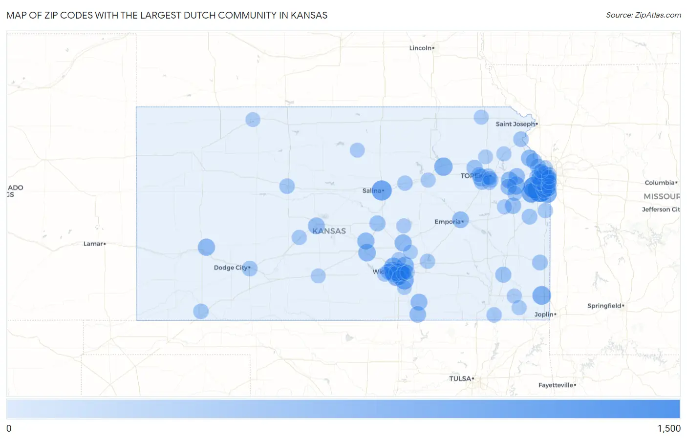 Zip Codes with the Largest Dutch Community in Kansas Map