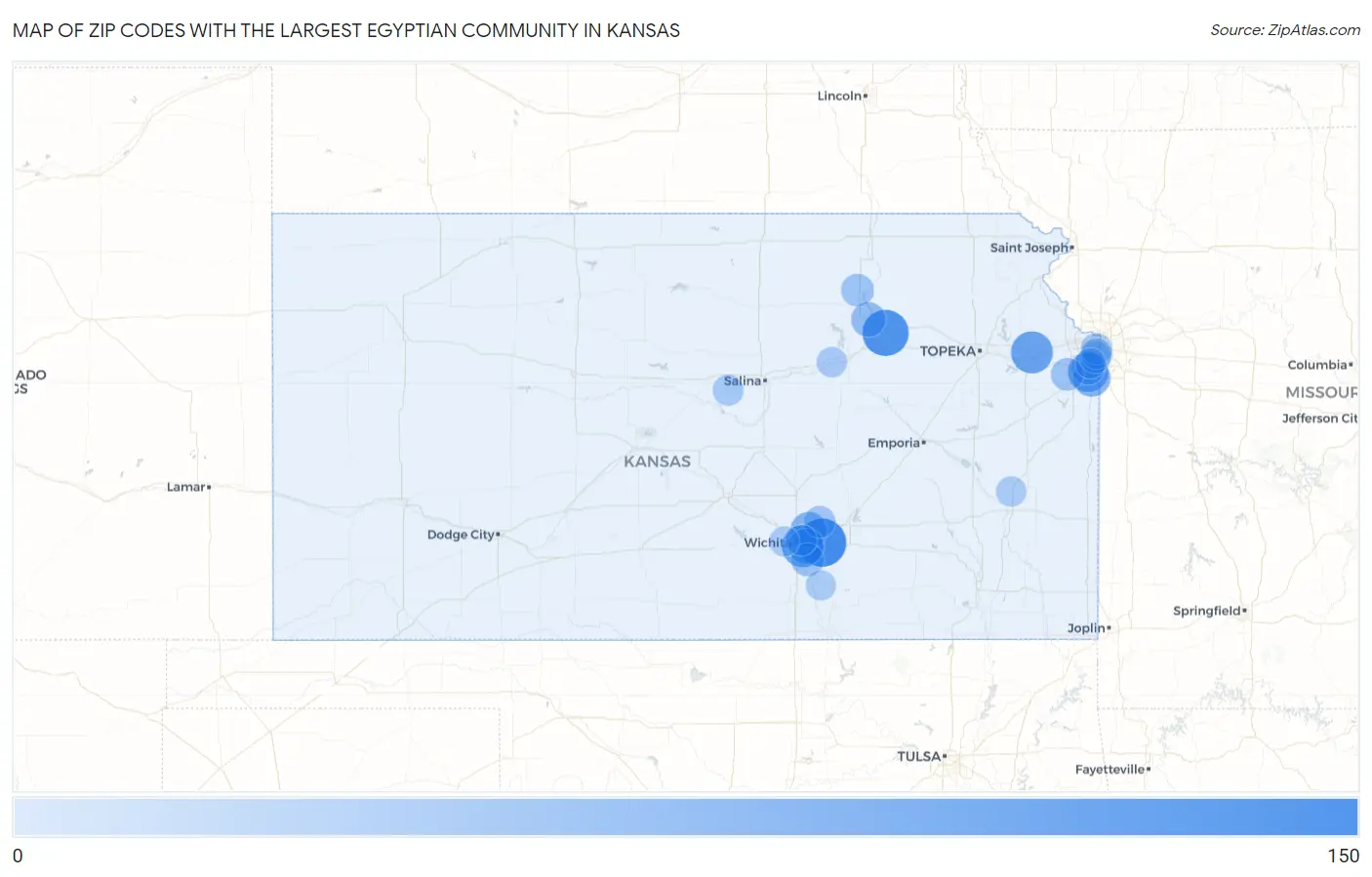 Zip Codes with the Largest Egyptian Community in Kansas Map