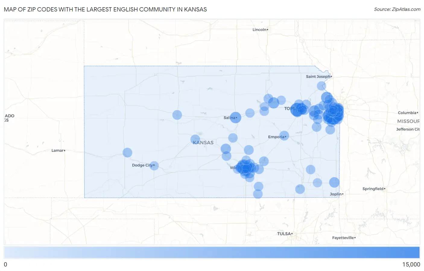 Zip Codes with the Largest English Community in Kansas Map