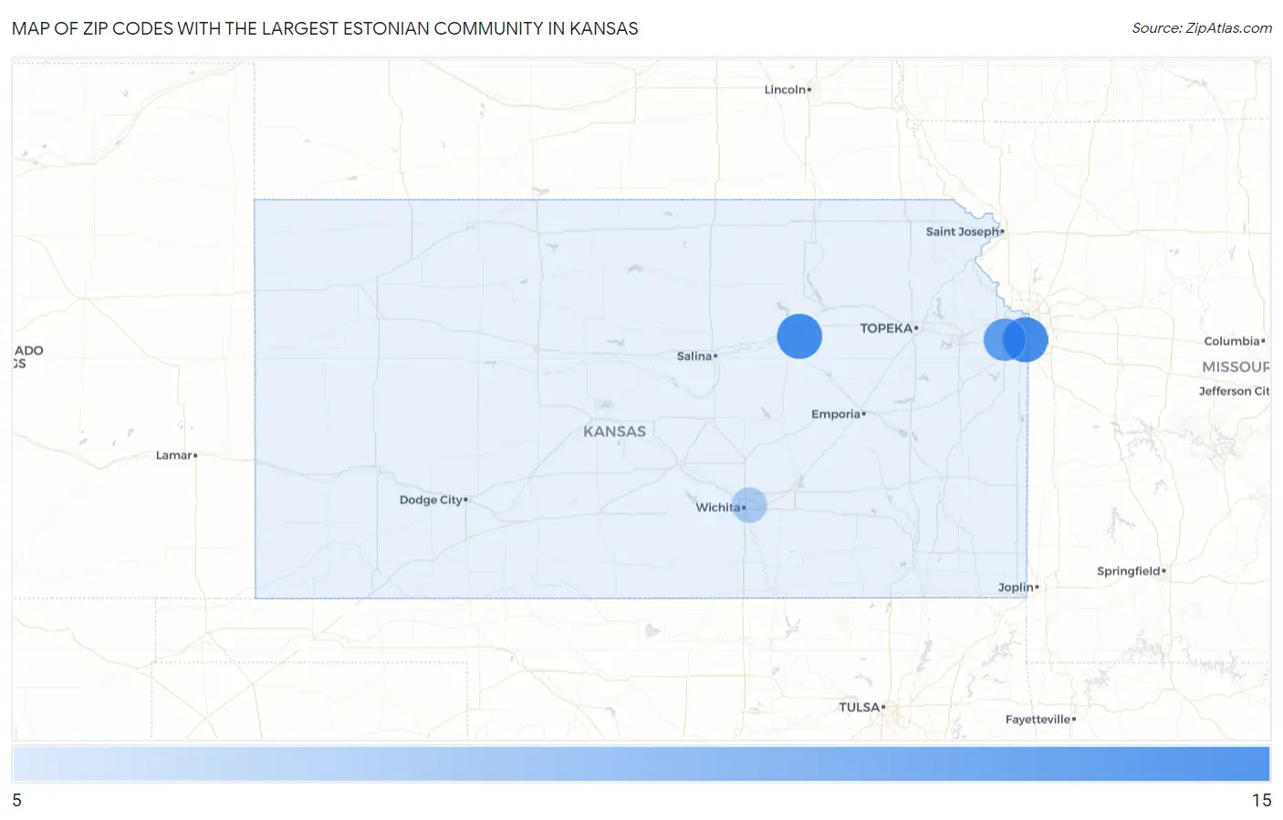 Zip Codes with the Largest Estonian Community in Kansas Map