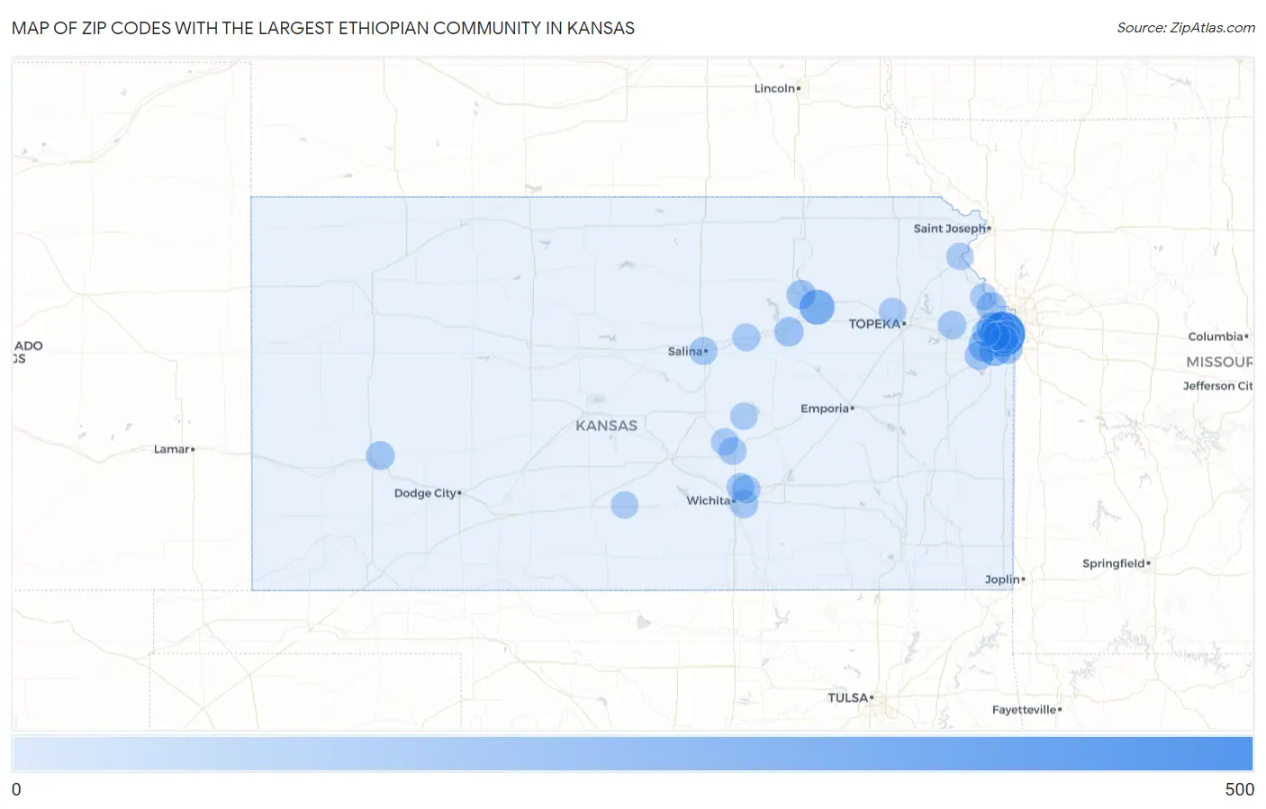 Zip Codes with the Largest Ethiopian Community in Kansas Map