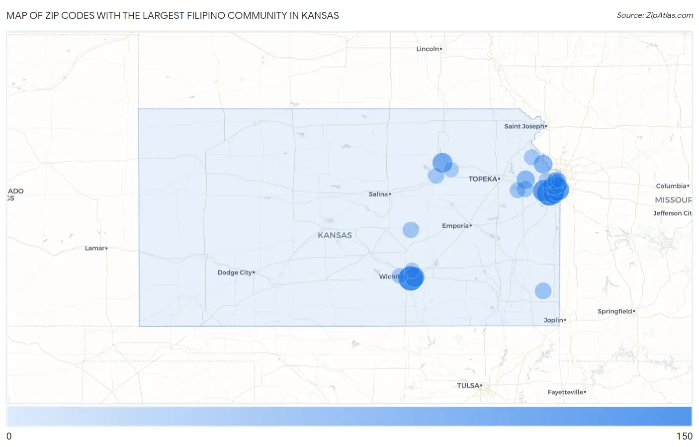 Zip Codes with the Largest Filipino Community in Kansas Map